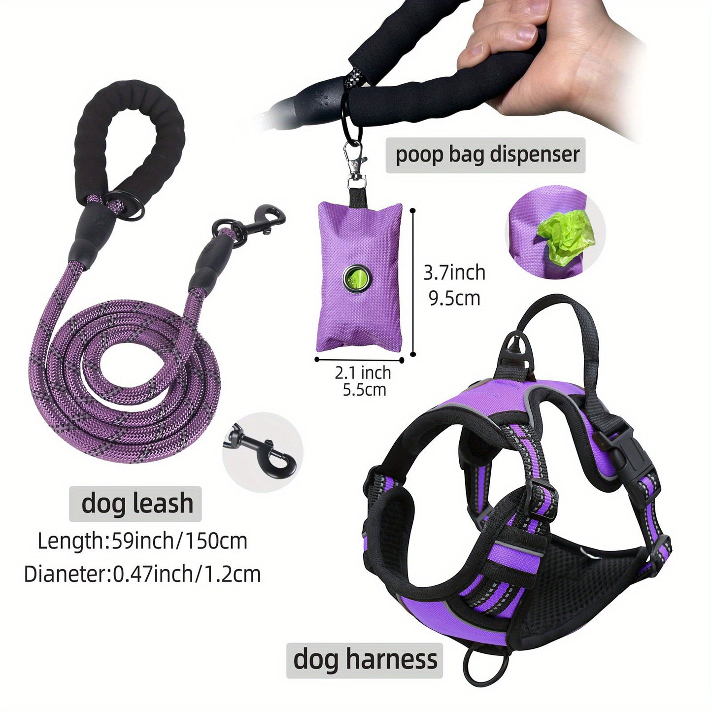 [3pcs Escape-Proof Dog Set] 3pcs Adjustable, Soft, Comfortable Escape-Proof Dog Harness & Leash & Poop Bag Dispenser Set | Breathable Dog Vest, Night Reflex, Suitable for Medium and Large Dogs Walking
