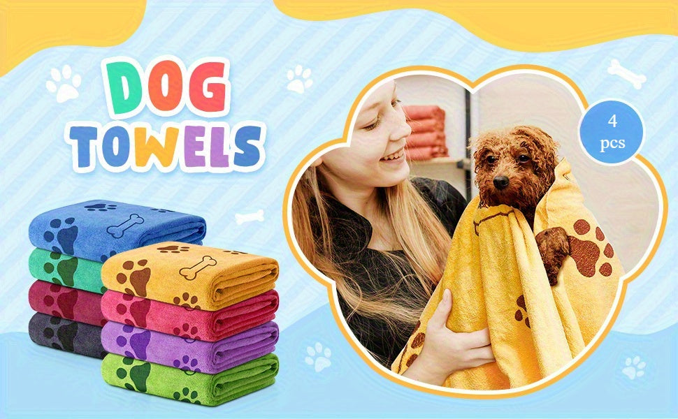 [Quick-Dry Pet Towels] 4pcs Quick-Dry Pet Towels for Medium Dogs | Soft, Absorbent Polyester with Colorful Paw Print Design - Ideal for Bathing and Grooming
