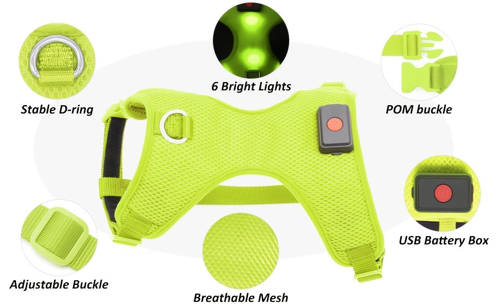 Light Up LED Dog Harness - No Pull Rechargeable Dog Vest with Detachable Battery, Washable Nylon Harness for Nighttime Walking & Camping, Multi-Color Options for Small Medium Large Dogs, Reflective Safety Features, Outdoor Pe