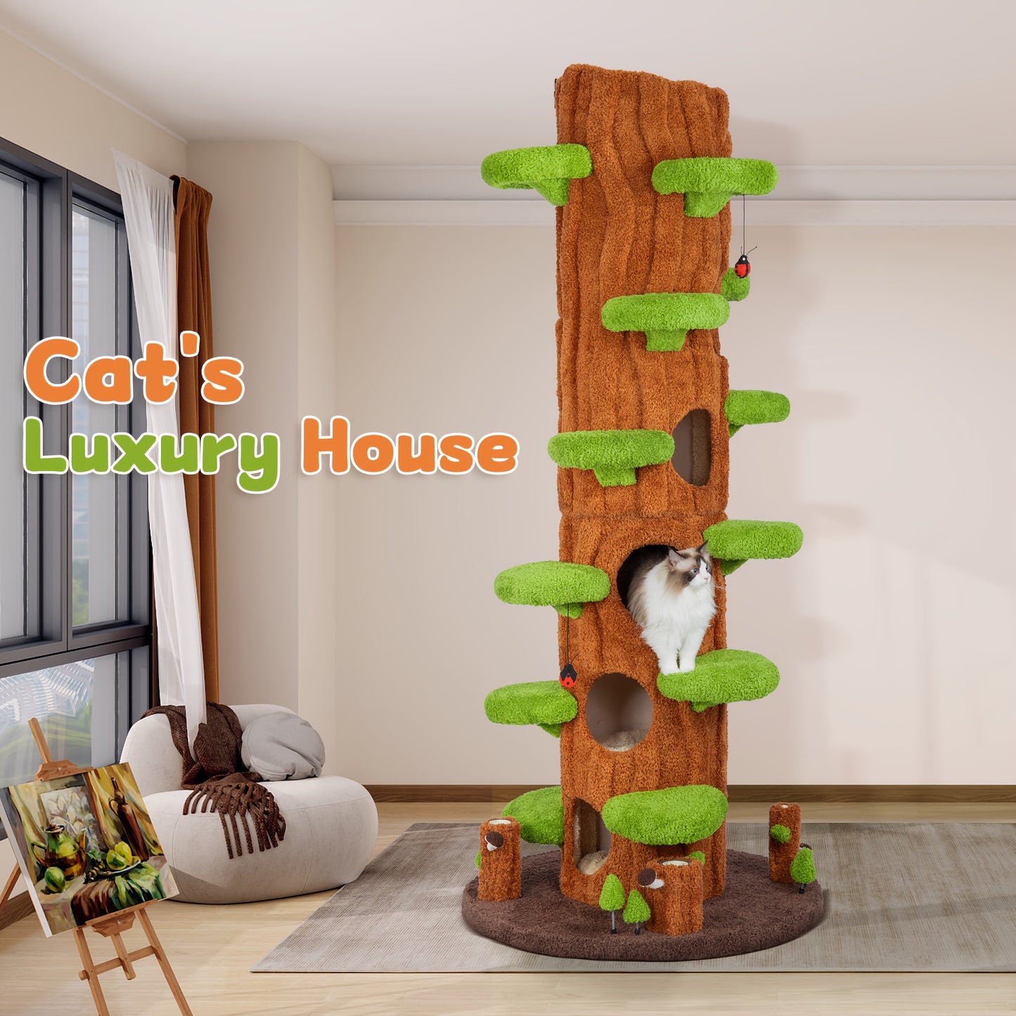 88.6" Extra Large Cat Tree Tower, Solid Wood Cat Tree, Luxury Cat Stuff Clearance, Cat Bed for Multi-Cat Households, Cat Toys for Indoor, Cat Scratcher, Cat Condo, Local Warehouse Cat House, Cat Scratching Post, Cat Climbe Fu