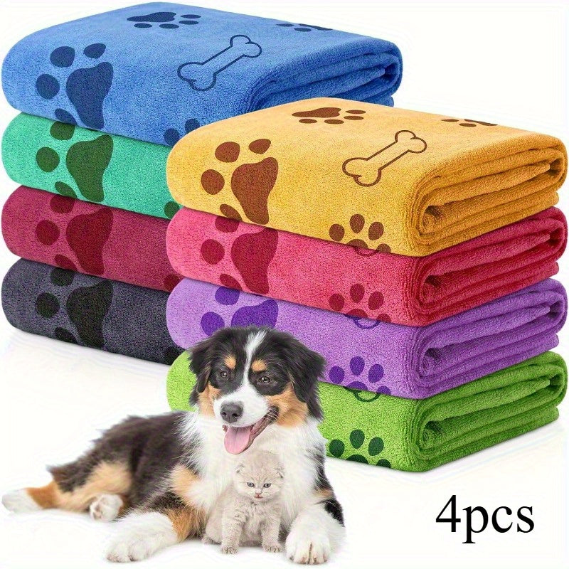 [Quick-Dry Pet Towels] 4pcs Quick-Dry Pet Towels for Medium Dogs | Soft, Absorbent Polyester with Colorful Paw Print Design - Ideal for Bathing and Grooming