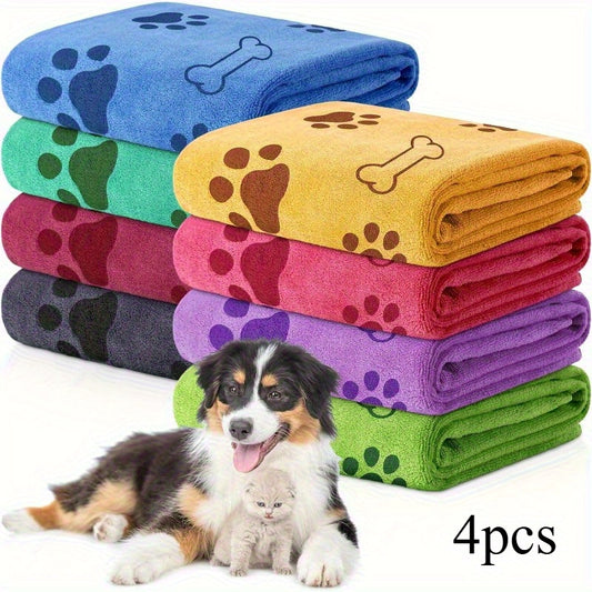 [Quick-Dry Pet Towels] 4pcs Quick-Dry Pet Towels for Medium Dogs | Soft, Absorbent Polyester with Colorful Paw Print Design - Ideal for Bathing and Grooming