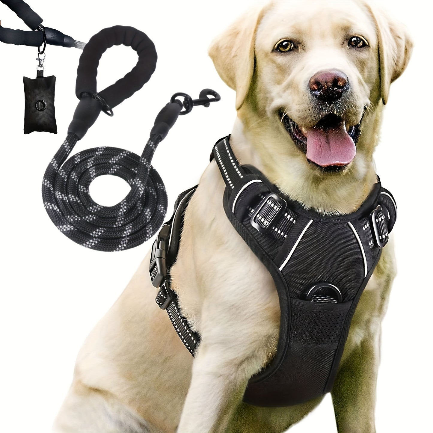 [3pcs Escape-Proof Dog Set] 3pcs Adjustable, Soft, Comfortable Escape-Proof Dog Harness & Leash & Poop Bag Dispenser Set | Breathable Dog Vest, Night Reflex, Suitable for Medium and Large Dogs Walking