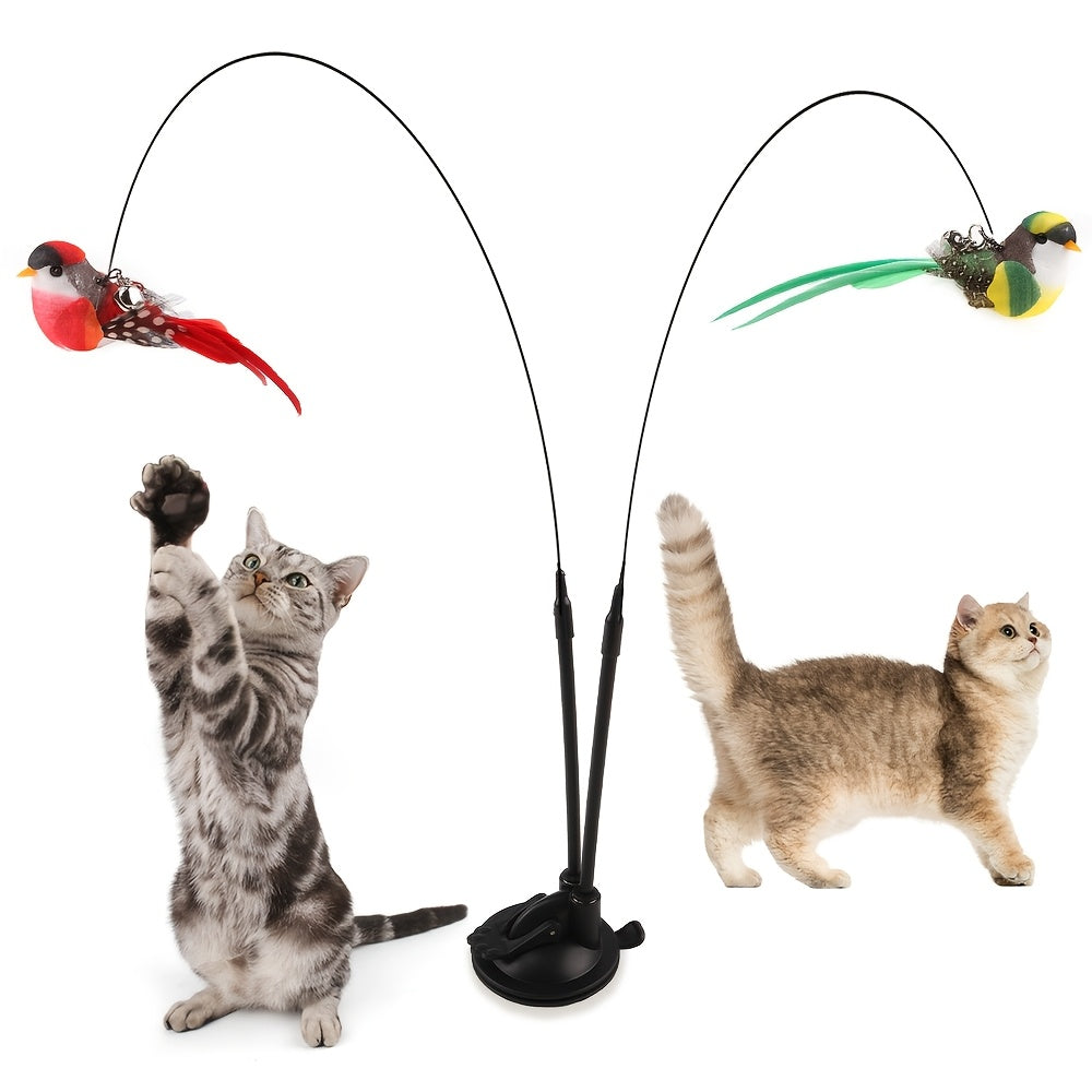 Interactive Cat Teasing Stick with Long Double Rod & Powerful Sucker Base - Hands-Free Cat Toy with Artificial Feather Attachment (Red/Green), Non-Toxic Polyester for Hunting Exercise, Kittens & Adult Cats - Indoor/Outdoor Pl