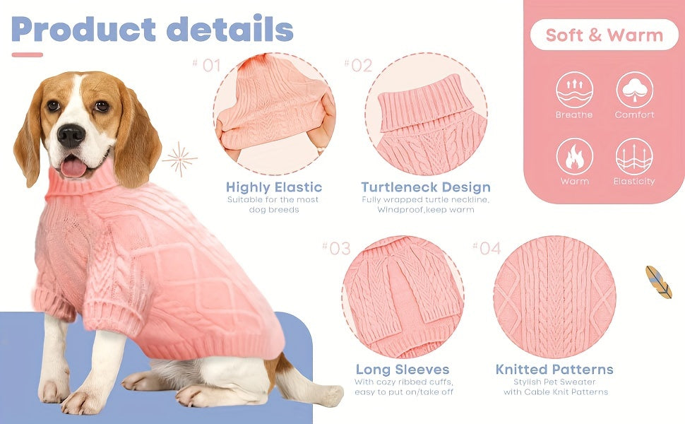 Cozy Pink Turtleneck Dog Sweater - Warm Knit Pullover for Small to Medium Breeds, Soft Long-Sleeve Pet Apparel for Chihuahuas, Bulldogs, Dachshunds, Dog Clothes