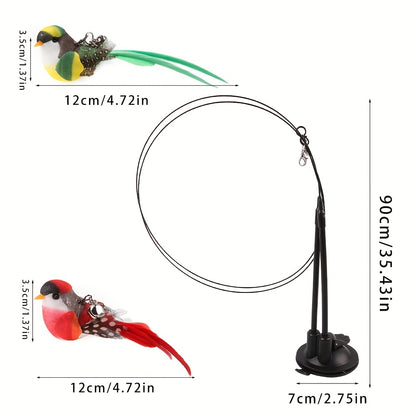 Interactive Cat Teasing Stick with Long Double Rod & Powerful Sucker Base - Hands-Free Cat Toy with Artificial Feather Attachment (Red/Green), Non-Toxic Polyester for Hunting Exercise, Kittens & Adult Cats - Indoor/Outdoor Pl