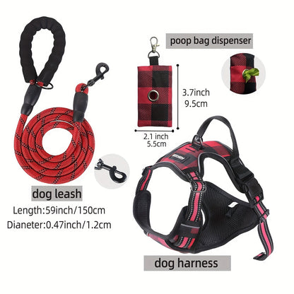[3pcs Escape-Proof Dog Set] 3pcs Adjustable, Soft, Comfortable Escape-Proof Dog Harness & Leash & Poop Bag Dispenser Set | Breathable Dog Vest, Night Reflex, Suitable for Medium and Large Dogs Walking