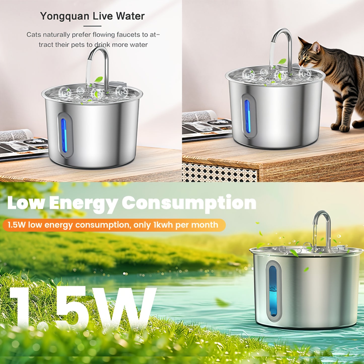 Stainless Steel for cat Water Fountain, 74oz (2.2L) Ultra-Quiet Automatic Pet Water Dispenser for Cats Dogs, No More Stale Water, BPA-Free, Durable Metal Design, Perfect for Small Animals, Multi-Pet Homes, for cat Water Fount