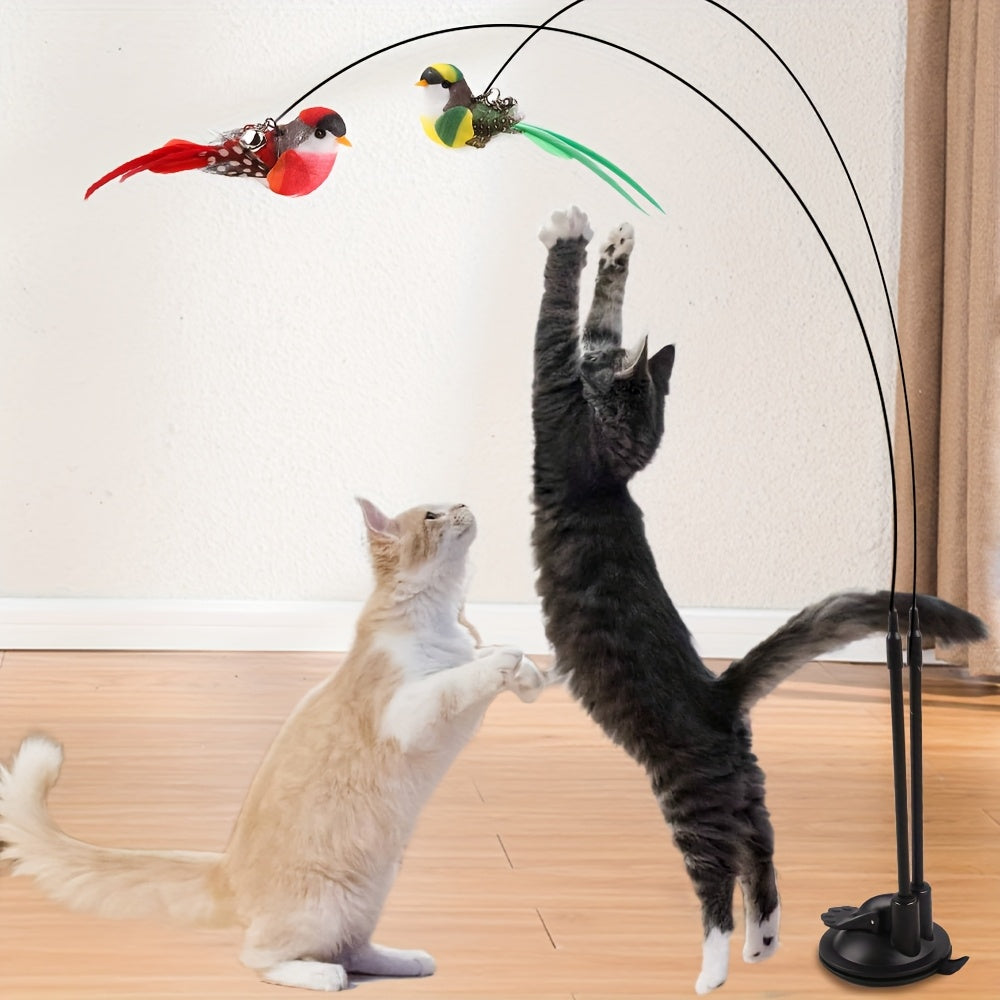 Interactive Cat Teasing Stick with Long Double Rod & Powerful Sucker Base - Hands-Free Cat Toy with Artificial Feather Attachment (Red/Green), Non-Toxic Polyester for Hunting Exercise, Kittens & Adult Cats - Indoor/Outdoor Pl