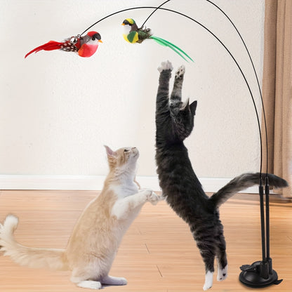 Interactive Cat Teasing Stick with Long Double Rod & Powerful Sucker Base - Hands-Free Cat Toy with Artificial Feather Attachment (Red/Green), Non-Toxic Polyester for Hunting Exercise, Kittens & Adult Cats - Indoor/Outdoor Pl