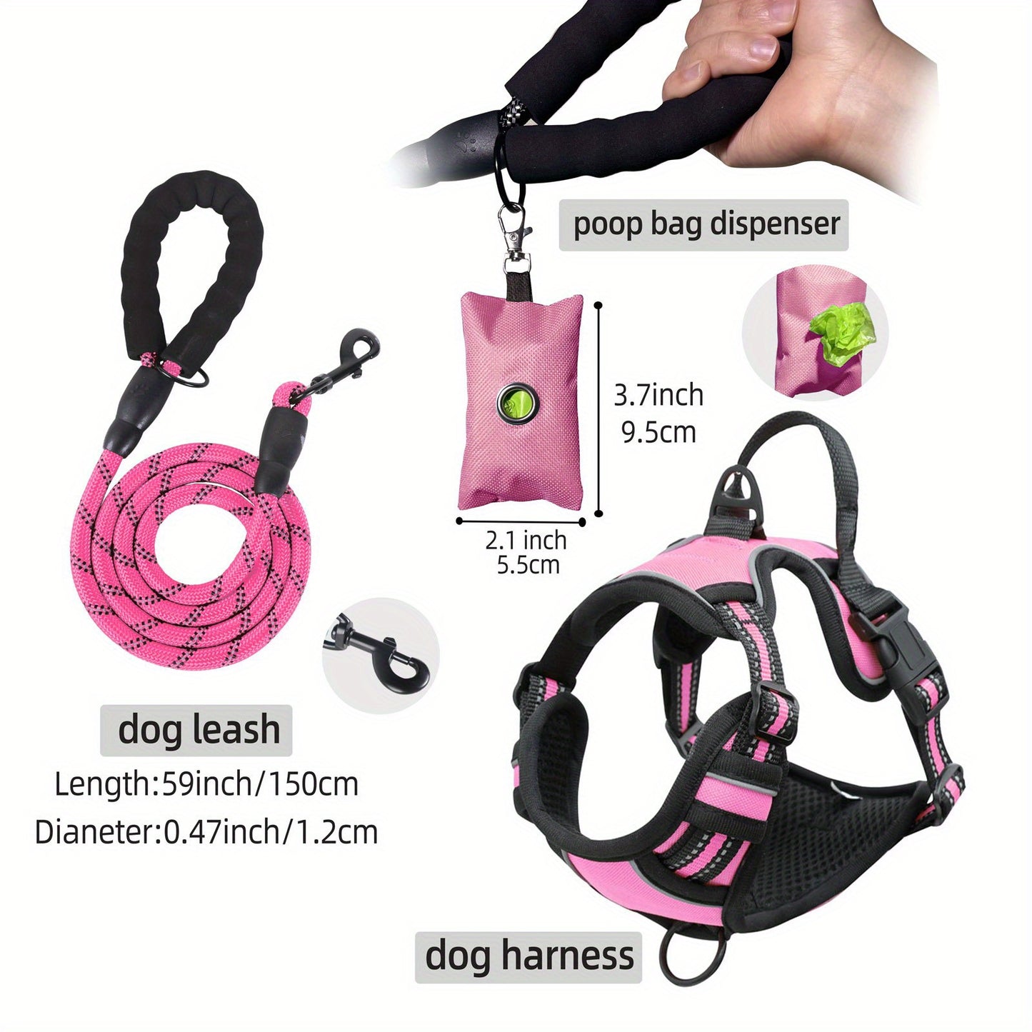[3pcs Escape-Proof Dog Set] 3pcs Adjustable, Soft, Comfortable Escape-Proof Dog Harness & Leash & Poop Bag Dispenser Set | Breathable Dog Vest, Night Reflex, Suitable for Medium and Large Dogs Walking