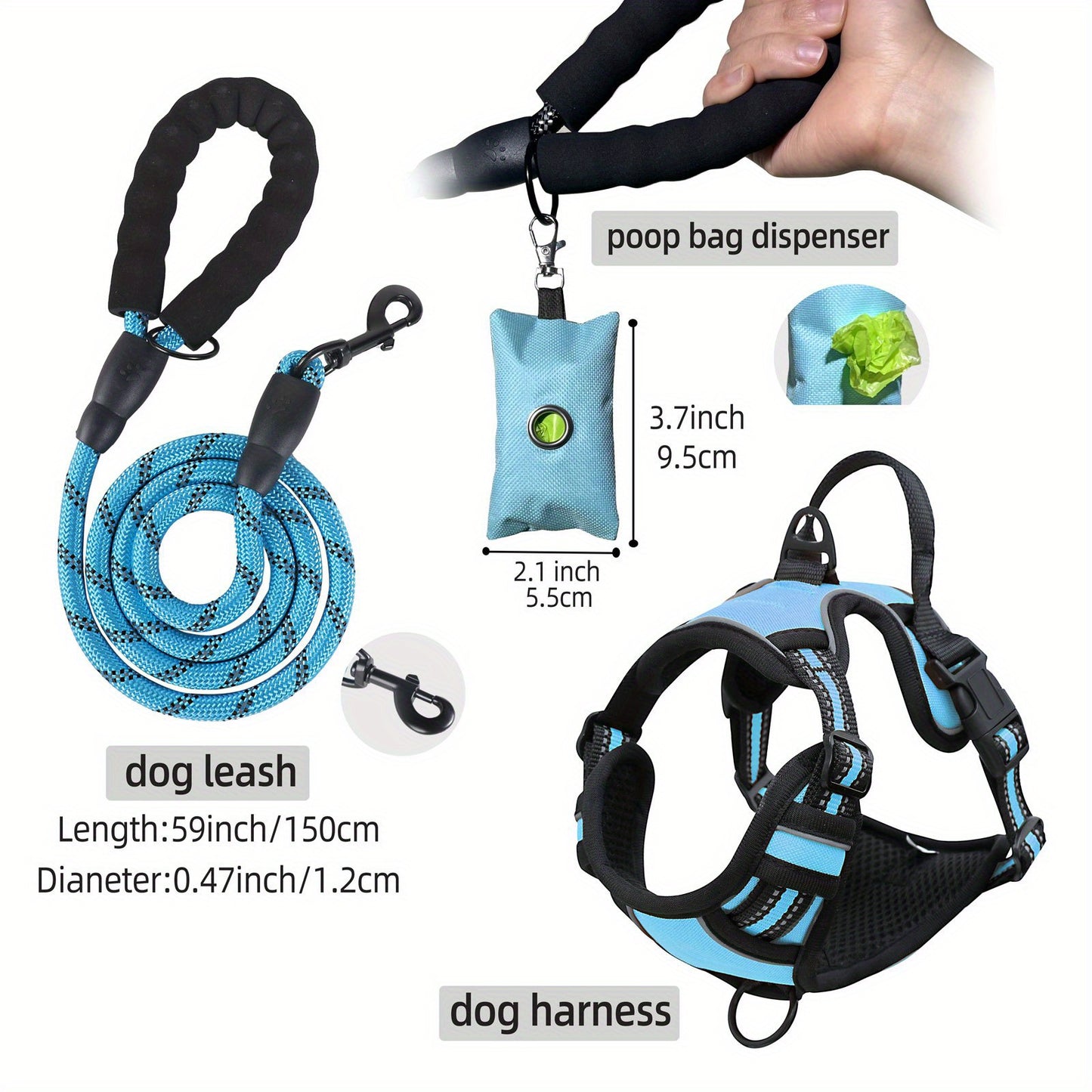 [3pcs Escape-Proof Dog Set] 3pcs Adjustable, Soft, Comfortable Escape-Proof Dog Harness & Leash & Poop Bag Dispenser Set | Breathable Dog Vest, Night Reflex, Suitable for Medium and Large Dogs Walking