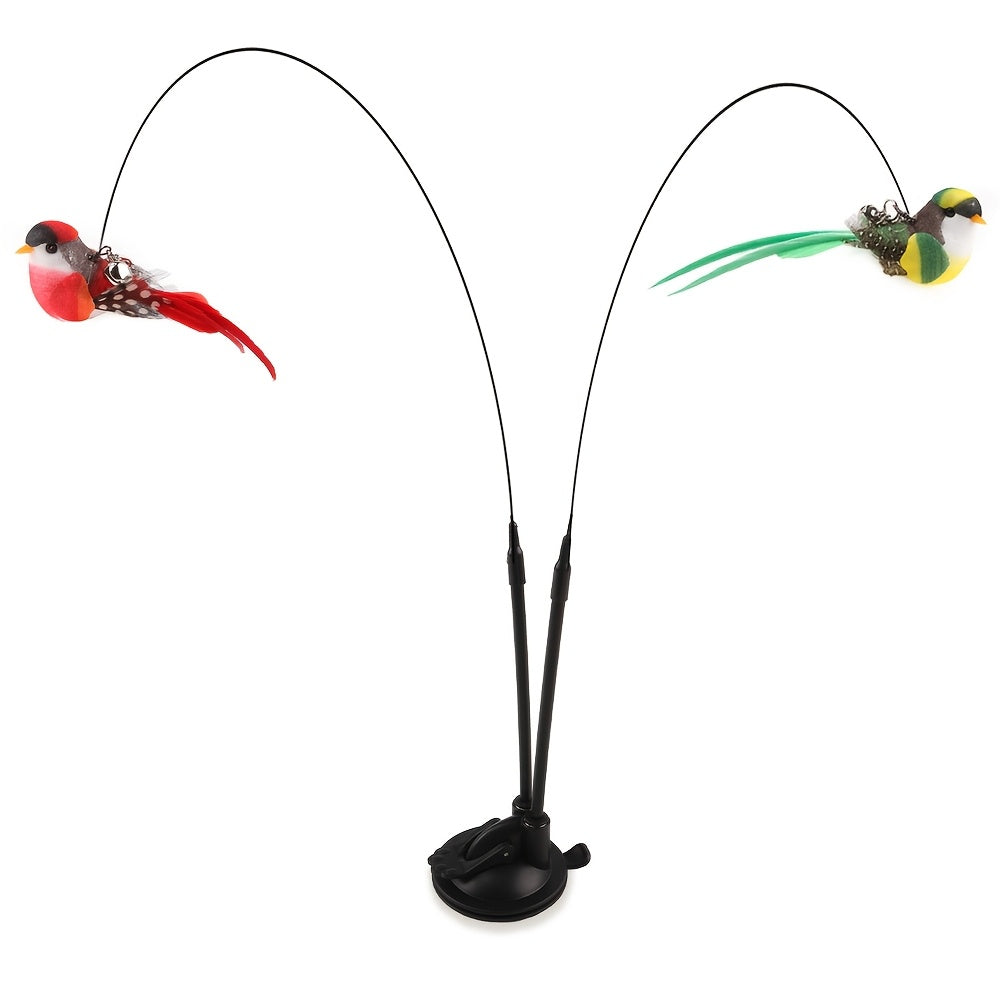 Interactive Cat Teasing Stick with Long Double Rod & Powerful Sucker Base - Hands-Free Cat Toy with Artificial Feather Attachment (Red/Green), Non-Toxic Polyester for Hunting Exercise, Kittens & Adult Cats - Indoor/Outdoor Pl