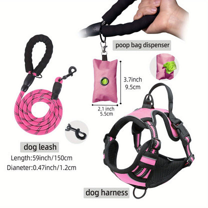 [3pcs Escape-Proof Dog Set] 3pcs Adjustable, Soft, Comfortable Escape-Proof Dog Harness & Leash & Poop Bag Dispenser Set | Breathable Dog Vest, Night Reflex, Suitable for Medium and Large Dogs Walking