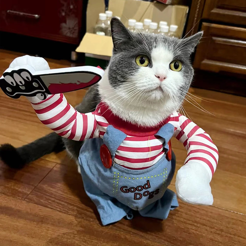 Funny Halloween Pet Costume Cat Cosplay Clothes Holding Knife Puppy Kitten Festival Dress Up Apparel Shirt Cats Dogs Party Gifts