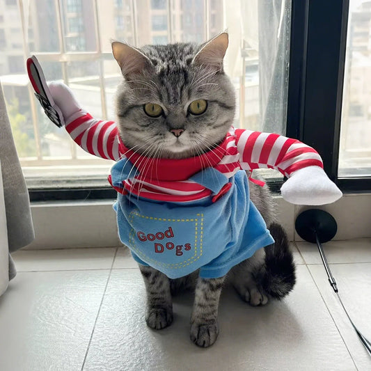 Funny Halloween Pet Costume Cat Cosplay Clothes Holding Knife Puppy Kitten Festival Dress Up Apparel Shirt Cats Dogs Party Gifts