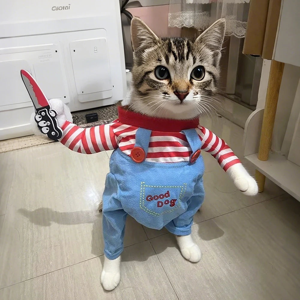 Funny Halloween Pet Costume Cat Cosplay Clothes Holding Knife Puppy Kitten Festival Dress Up Apparel Shirt Cats Dogs Party Gifts