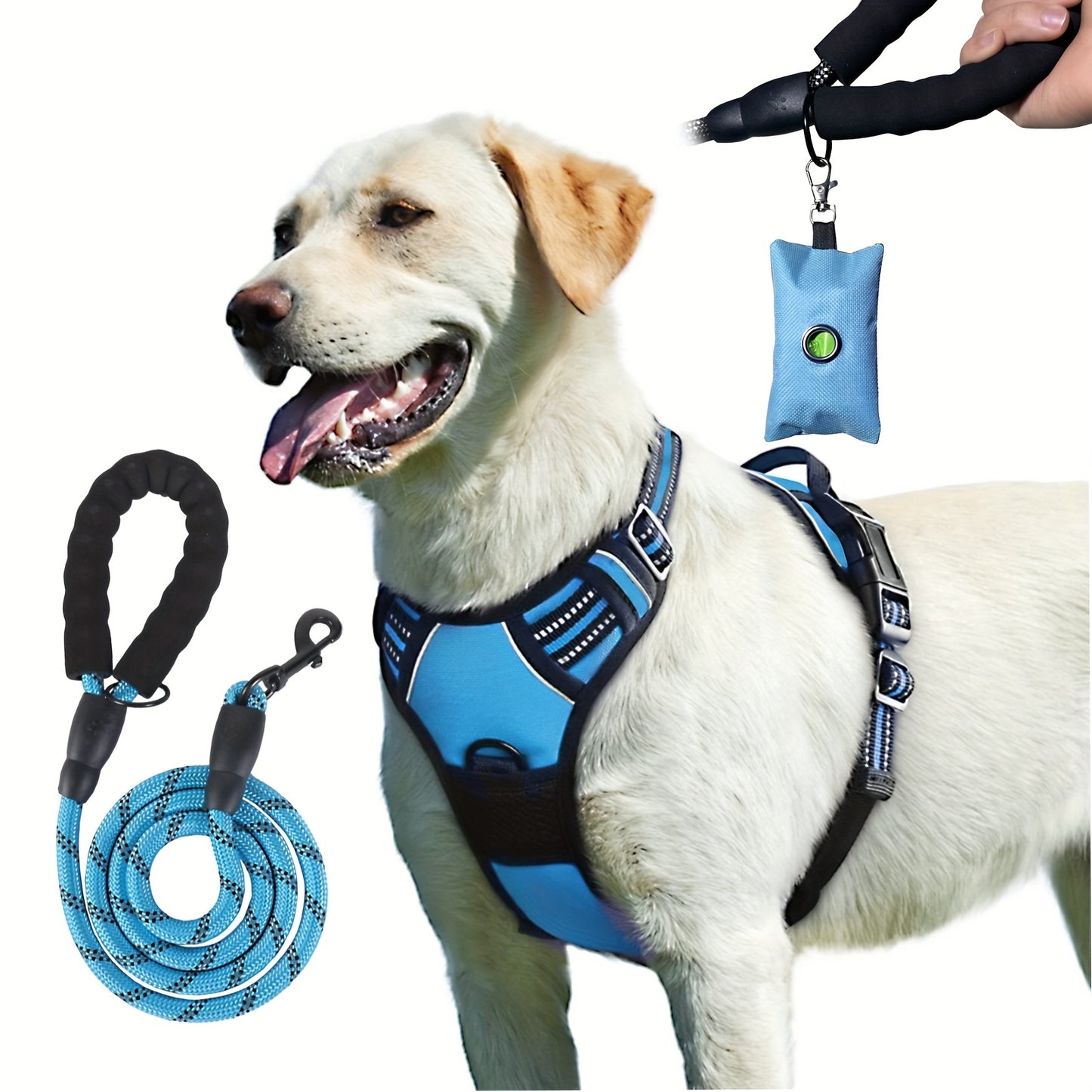 [3pcs Escape-Proof Dog Set] 3pcs Adjustable, Soft, Comfortable Escape-Proof Dog Harness & Leash & Poop Bag Dispenser Set | Breathable Dog Vest, Night Reflex, Suitable for Medium and Large Dogs Walking