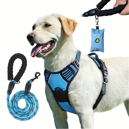 [3pcs Escape-Proof Dog Set] 3pcs Adjustable, Soft, Comfortable Escape-Proof Dog Harness & Leash & Poop Bag Dispenser Set | Breathable Dog Vest, Night Reflex, Suitable for Medium and Large Dogs Walking
