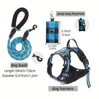 [3pcs Escape-Proof Dog Set] 3pcs Adjustable, Soft, Comfortable Escape-Proof Dog Harness & Leash & Poop Bag Dispenser Set | Breathable Dog Vest, Night Reflex, Suitable for Medium and Large Dogs Walking