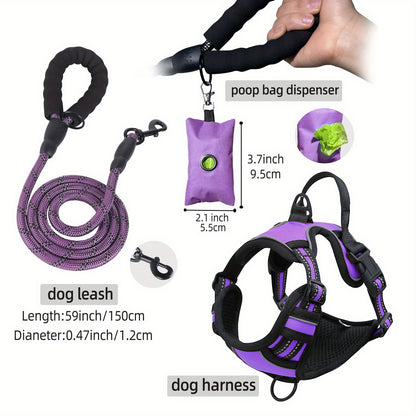 [3pcs Escape-Proof Dog Set] 3pcs Adjustable, Soft, Comfortable Escape-Proof Dog Harness & Leash & Poop Bag Dispenser Set | Breathable Dog Vest, Night Reflex, Suitable for Medium and Large Dogs Walking