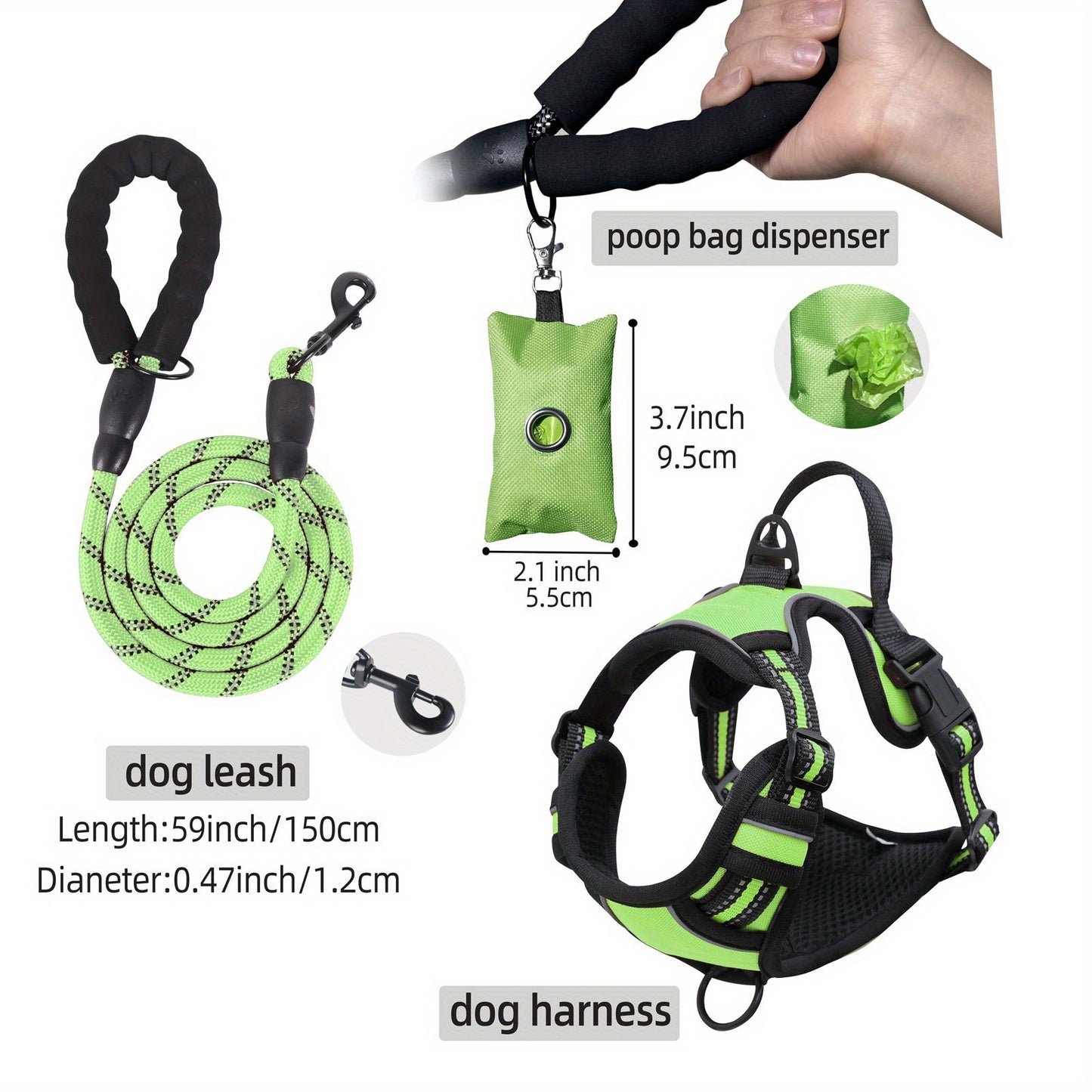 [3pcs Escape-Proof Dog Set] 3pcs Adjustable, Soft, Comfortable Escape-Proof Dog Harness & Leash & Poop Bag Dispenser Set | Breathable Dog Vest, Night Reflex, Suitable for Medium and Large Dogs Walking