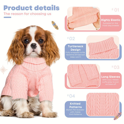 Cozy Pink Turtleneck Dog Sweater - Warm Knit Pullover for Small to Medium Breeds, Soft Long-Sleeve Pet Apparel for Chihuahuas, Bulldogs, Dachshunds, Dog Clothes