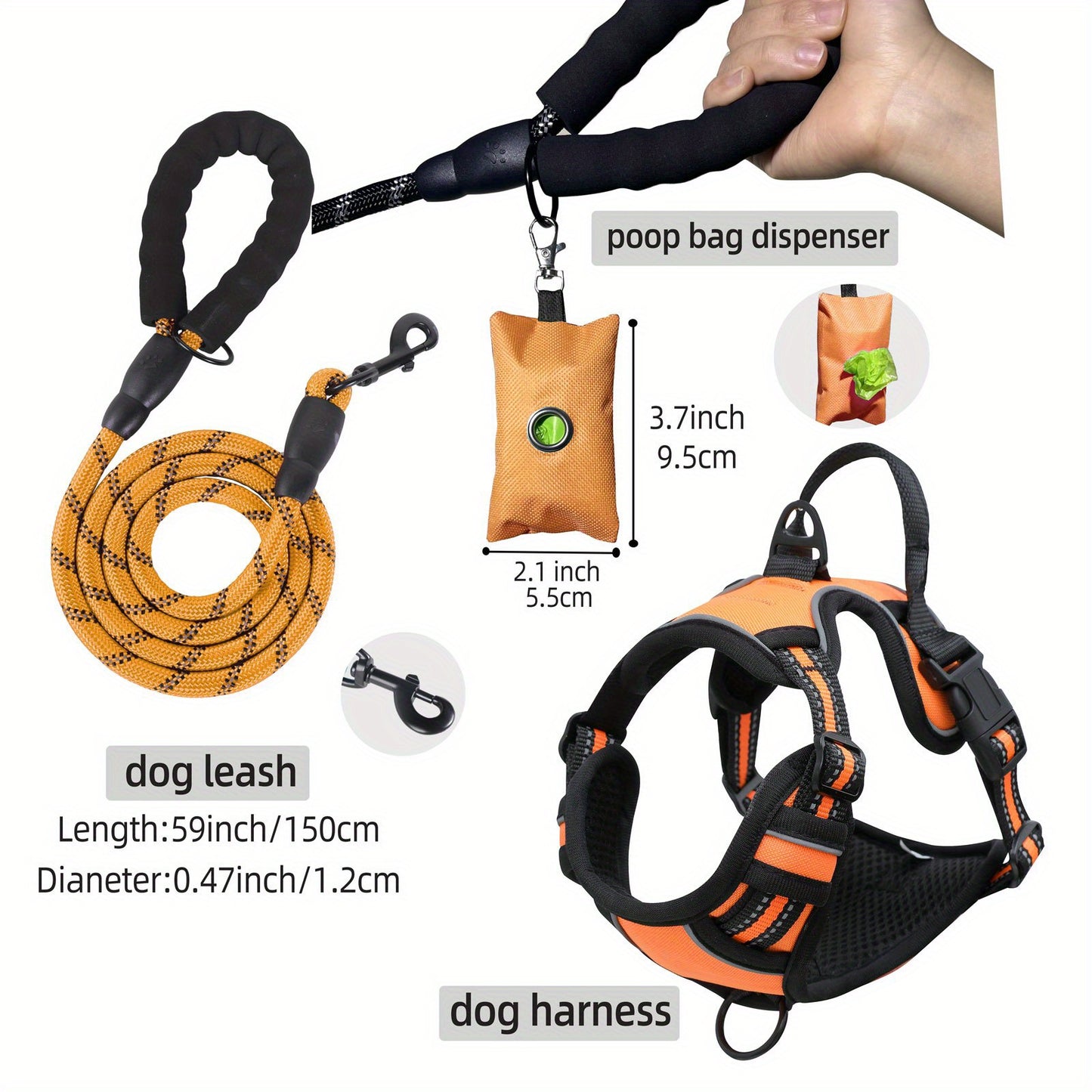 [3pcs Escape-Proof Dog Set] 3pcs Adjustable, Soft, Comfortable Escape-Proof Dog Harness & Leash & Poop Bag Dispenser Set | Breathable Dog Vest, Night Reflex, Suitable for Medium and Large Dogs Walking