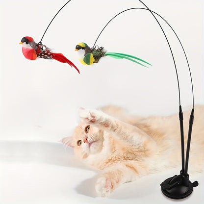 Interactive Cat Teasing Stick with Long Double Rod & Powerful Sucker Base - Hands-Free Cat Toy with Artificial Feather Attachment (Red/Green), Non-Toxic Polyester for Hunting Exercise, Kittens & Adult Cats - Indoor/Outdoor Pl
